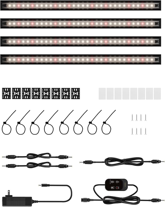 Smart Grow Light for Indoor Plants,3500K Full Spectrum LED Plant Light Strips with 3/9/12H Auto Timer,Stepless Dimming,Modular Design，Plug and Play (Black, 4 Pack)