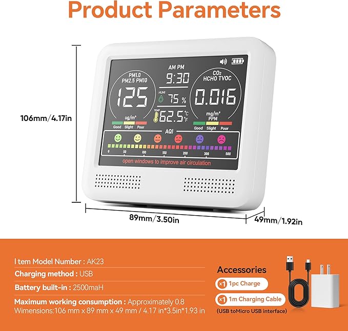 16-in-1 Indoor Air Quality Monitor with PM1.0,PM2.5,PM10,CO2,HCHO,TVOC,Temperature,Humidity,Time Display &7 AQI Alarms – Professional Air Quality Tester for Home, Office & Indoor Use (Ivory White)