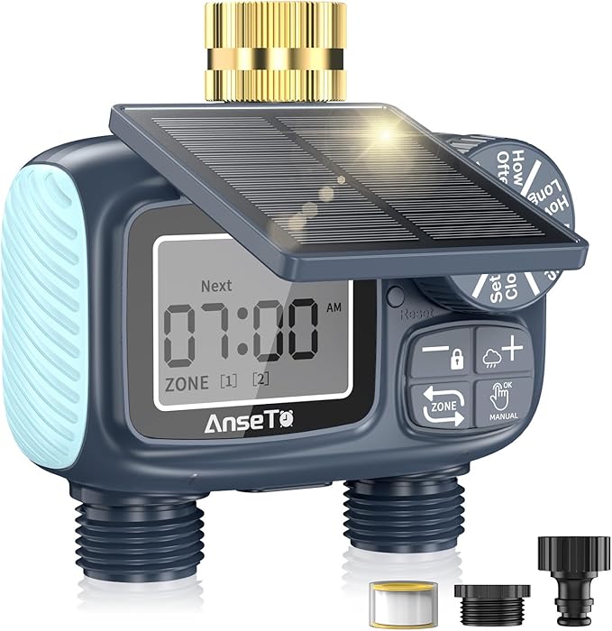 Solar Sprinkler Timer,Brass Inlet Hose Timer for Garden Hose,Programmable Water Timers,Plant Watering Devices,Garden Watering System, Rain Delay/Manual/Automatic Irrigation System, 2 Outlet