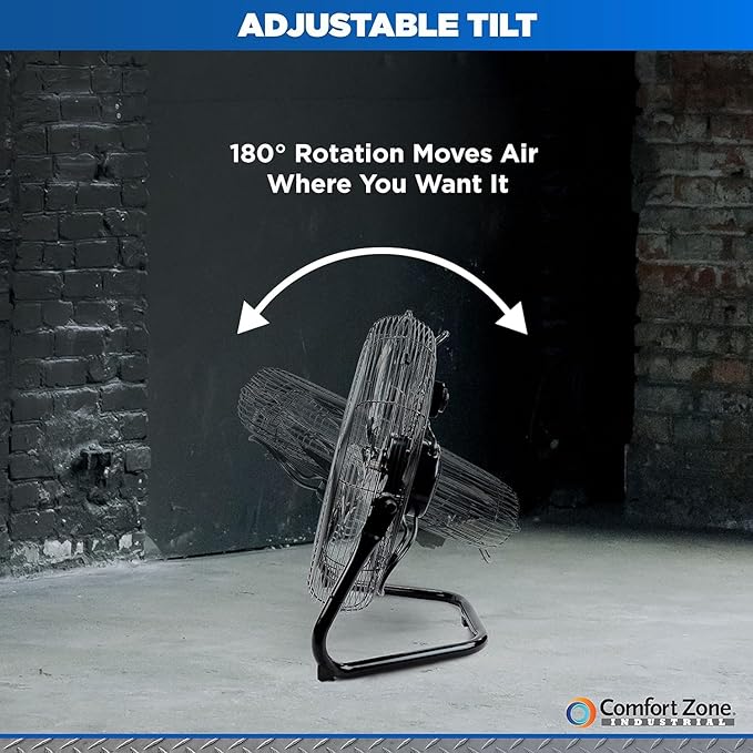 Comfort Zone Cradle Floor Fan, Electric, High-Velocity,180 Degree Adjustable Tilt, 14 inch, 3 Speed, Carry Handle, Rubber Feet, Metal, Airflow 21 ft/sec, Ideal for Garage or Workshop, CZHV14B