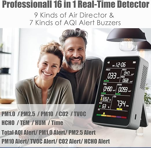 Professional Indoor Air Quality Monitor with AQI Alerts, Portable Real-Time Detector for Home, Car, Plants & Pet (Concrete Gray)