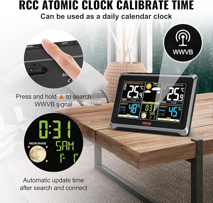 VEVOR Weather Station Indoor Outdoor, 7.5 in Color Display, Wireless Digital Home Weather Station, with Sensor Atomic Clock Adjustable Backlight Forecast Data Calendar Alarm Alert Temperature-NO WiFi