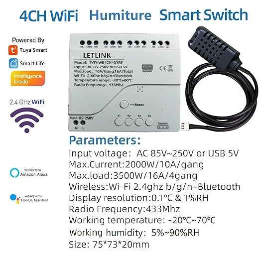 4 Ch WiFi Smart Temperature Humidity Realy Switch,AC 85-250V or USB 5V Smart Life/Tuya app Dry Contact Compatible with Alexa Google Home (AC 85-250V)