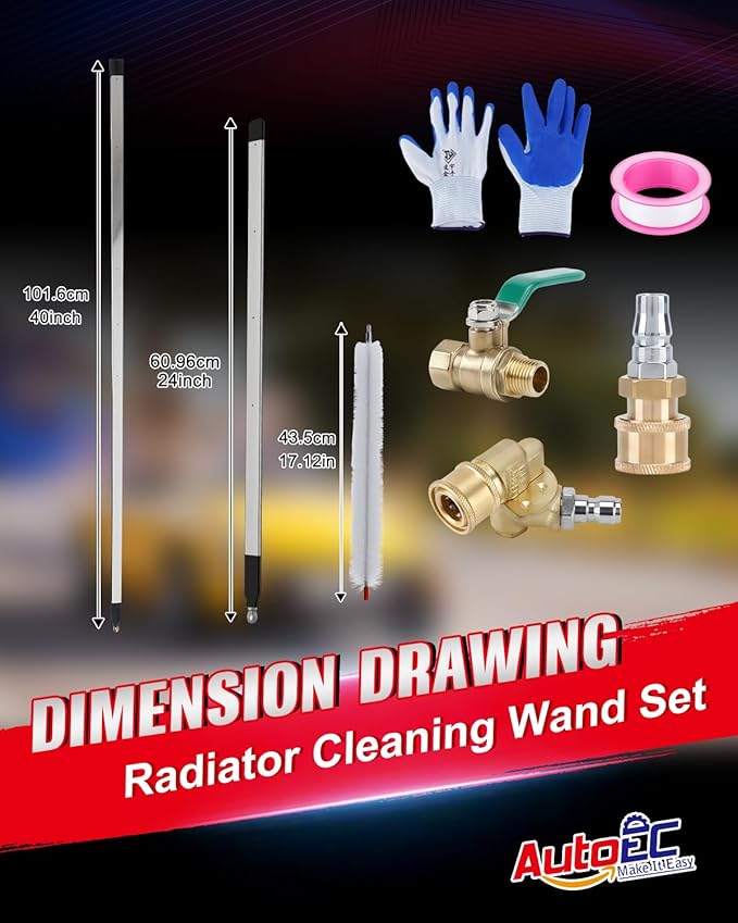AutoEC Radiator Cleaning Wand, 40" & 24" Water Air Radiator Cleaner, 4500 PSI Stainless Steel Water Air Cleaning Wands for Cars, 180° Swivel Joint & Brush for Trucks, Medium Heavy Equipment