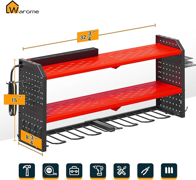 Warome Tool Organizer with Charging Station, Power Tool Rack Wall Mount with 8-Outlet Power Strip, Tool Storage for Garage with 8 Cordless Drill Holders, Battery Utility Shelf in Red