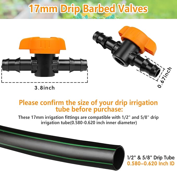 Drip Irrigation Fittings Kit for 1/2" Tubing - 36 Pieces, Including 12 Couplings, 8 Tees, 6 Elbows, 6 End Caps, 2 Cross Connectors and 2 Drip Valves