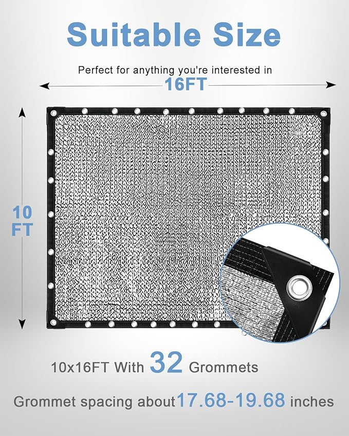 vensovo 95% Aluminum Shade Cloth - Reflective Aluminium Shade Netting Sun Shade Cover with Grommets for Cars, Dogs, Outdoor, RV, Patio (10x16FT)