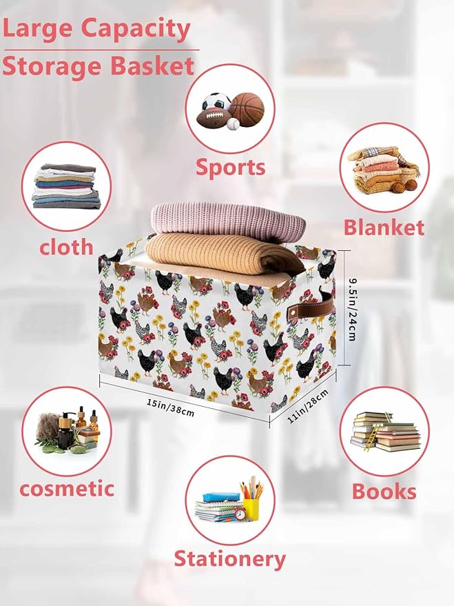 Farmhouse Rooster Storage Bins Cubes Waterproof Cloth Storage Basket,Country Watercolor Flowers Wood Grain Foldable Storage Bags for Shelf Clothes Storages Organizers with Handles 15x11x9.5 in 2PCS