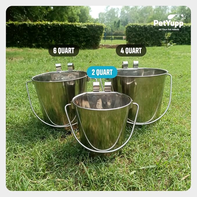 Half Gallon Stainless Steel Bucket - Heavy Duty Flat-Side Metal Bucket for Pets & Livestock Feeding - Rust Resistant Water Bucket with Hooks for Kennels, Cages, Crates & Fences - 2 Quart