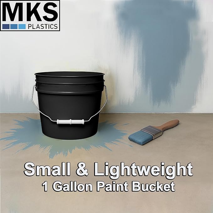 MKS Plastics 1-Gallon Bucket with Airtight Lid – Made in USA, Food Grade BPA Free Plastic, Heavy Duty Multi-Use, Metal Handle with Grip, Stackable Storage – Black, 6 Pack