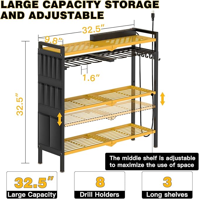 NattyDot Large Power Tool Organizer Cart with Charging Station 8 Drill Holder Garage Storage Standing Heavy Duty and Stability Storage Rack Utility Tool Shelf (Yellow)