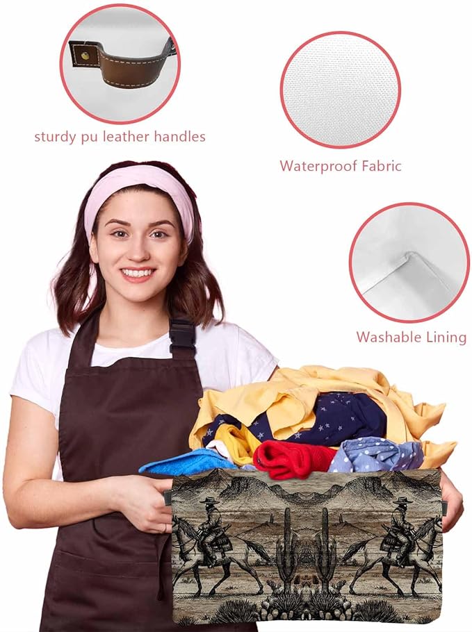Brown Western Farmhouse Storage Bins Cubes Waterproof Cloth Storage Basket, Vintage Cowboys Cactus Foldable Storage Bags for Shelf Closet Clothes Storages Organizers with Handles 15x11x9.5 in 1PCS