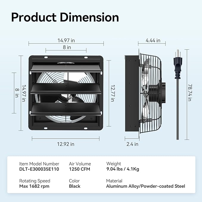 addlon 12 Shutter Exhaust Fanwith Remote Control, 8 Speeds 25W Energy Efficient DC Motors, 1200CFM, 8-Hour Timer, Garages/Greenhouse/Attic/Chicken Coop Ventilation Fan,Low Noise, Plug & Play