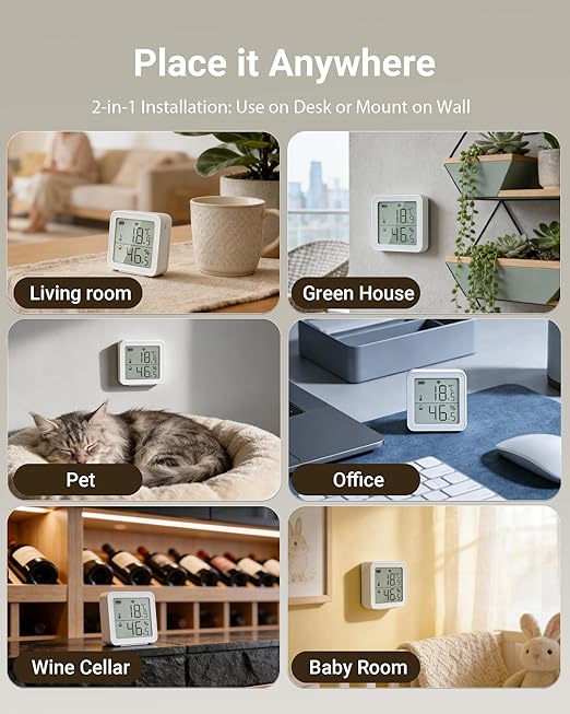 Smart WiFi Thermometer Hygrometer, Indoor Temp Humidity Monitor with Large LCD, No Gateway, Direct Phone Alerts, Free Data Storage, Ultra-Low Power, Tuya App Compatible for Home Garage Greenhouse