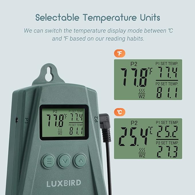 LUXBIRD LB-2SC Digital Heating Mat Thermostat Controller with 2 Probes and 2 Outlets for Seedlings, Germination, Reptiles, Brewing, Breeding, Incubation, Greenhouse (Max 250W per Outlet)