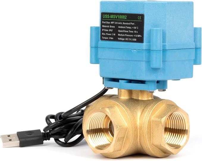U.S. Solid WiFi Smart Motorized Ball Valve 3/4 inch NPT for Water Control & Irrigation, 3 Way Brass Electric Valve, USB Powered, LED Status Indicator, Flow Direction Window, Remote On/Off Control