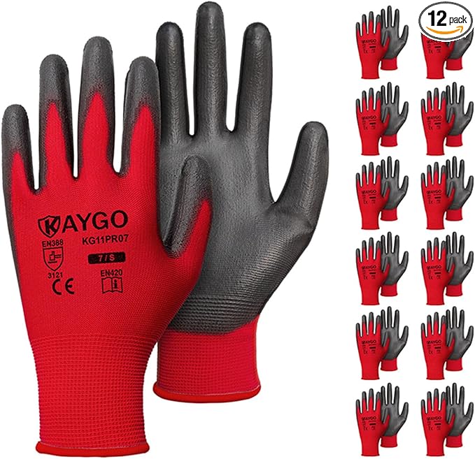 KAYGO Work Gloves for Men and Women,12 Pairs Seamless Knit PU Coated Safety Gloves, with Smooth Grip on Palm and Fingers, Ideal for Light Warehouse, Manufacturing, Gardening, KG11P (S, Red)