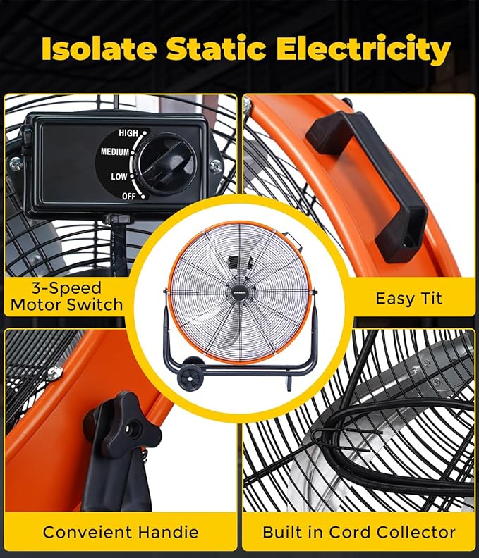 VENTISOL 24 Inch Industrial Floor Fan, 3-Speed High Velocity Shop Fan with 8 Blades, Heavy Duty Drum Fan 9500 CFM, Large Metal Garage Fans for Warehouse, Outdoor, Commercial