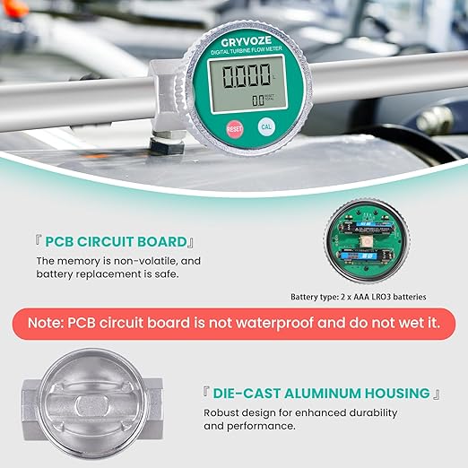 Waterproof 3/4 Inch Digital Water & Fuel Flow Meter, EMI Protection, 1-13.2 GPM Inline NPT Thread Fuel Meter for Water, Diesel, Gas Oil, Gasoline, Kerosene, Methanol, and Other Liquids