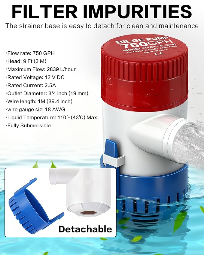 IZTOSS 750GPH Bilge Pump 12V Submersible Marine Electric Bilge Water Pump for Boat Caravan RV Non-Automatic
