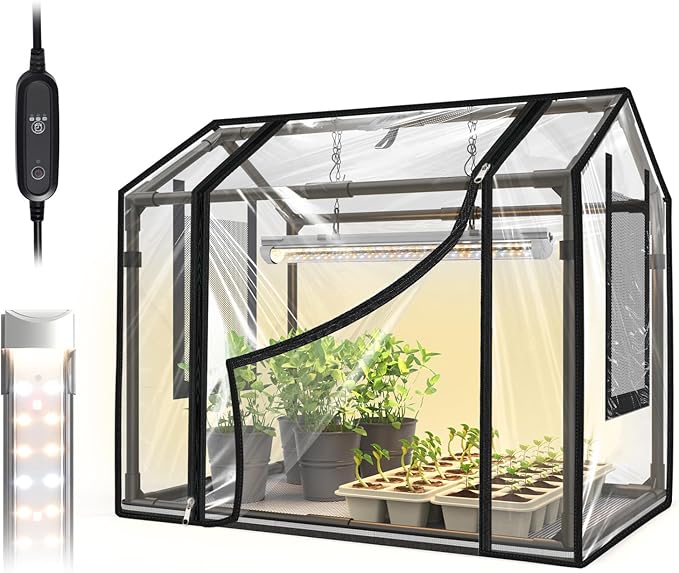 Bstrip Indoor Greenhouse with Grow Light, Mini EVA Tent with PET Base Mat, Ventilation Windows & Zippered Door, 18W Tabletop Greenhouse Light for Seed Starting with Timer, 23.8" x 15.7" x 20.5"