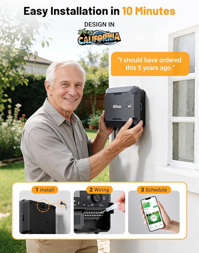 Outdoor Smart Sprinkler Controller with Protector, WiFi Irrigation Controller Easy Use App Enabled, 16 Zones + 16 Plans, Save Water Auto Skip Rain, Freeze & Wind, 10 Minutes Install