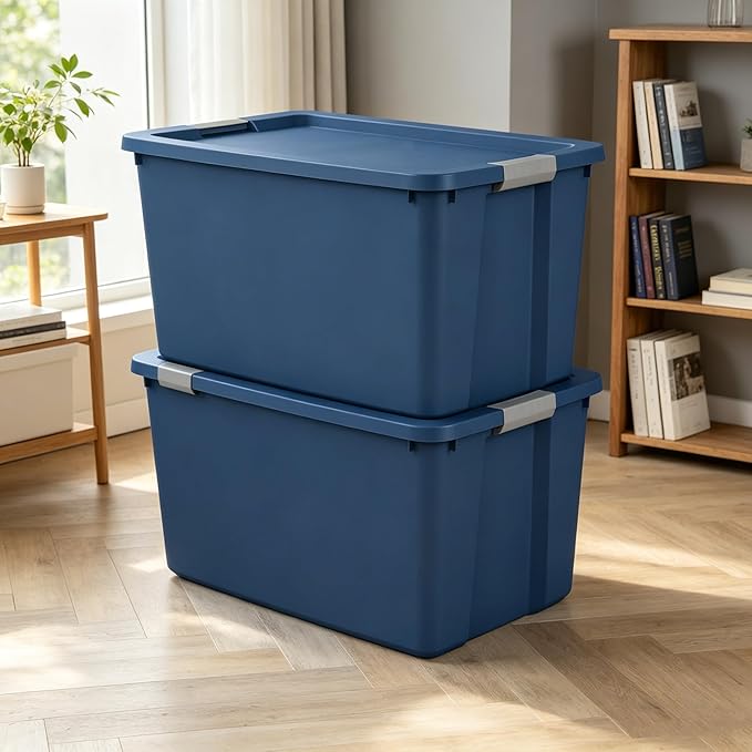 (2 pack) 34 Gallon Extra-Large Storage Bin, Plastic Storage Container with Latching Lid, Stackable Blue Bin for Home Garage Organization