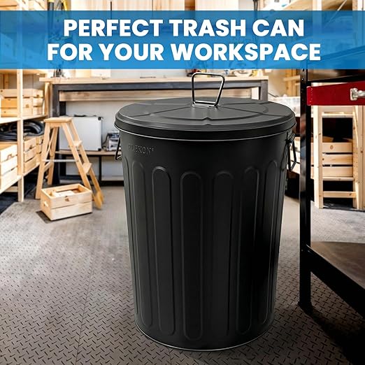 Plexon 20 Gallon Metal Trash Can with Lid Outdoor Large Trash Bin Steel Garbage Can for Garage Patio Farmhouse Bucket Bird Seed Storage Can Heavy Duty Round Container, Black 2 Pack