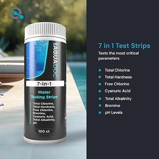 AquaDoc 7-in-1 Spa & Hot Tub Test Strips - 100 Pool Test Strips for pH, Chlorine, Hardness, Bromine, Cyanuric Acid, Alkalinity