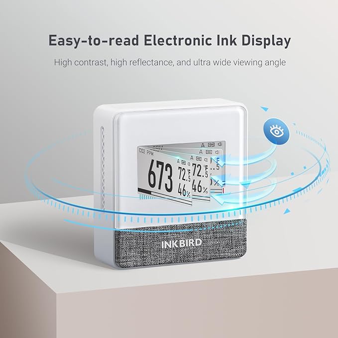 INKBIRD Portable CO2 Detector with Bluetooth, Smart Indoor Air Quality Monitor, can detects CO2, Temperature, Humidity, etc., Electronic Ink Display & 4 Years Battery Life, for Home, Office, motorhome