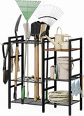 Garden Tool Organizer for Garage,3 Tier Garden Tools Rack with 8 Hooks,Up to 35 Long-Handled Tools/Rakes/Brooms, Heavy Duty Steel Garage Tool Stand for Shed, Outdoor, Black