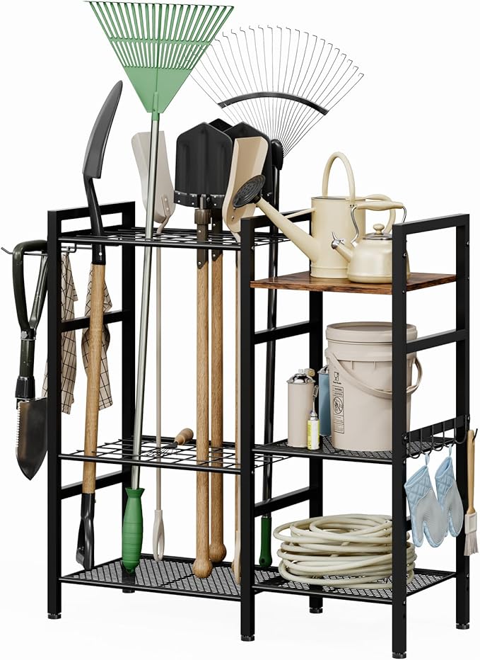 Garden Tool Organizer for Garage,3 Tier Garden Tools Rack with 8 Hooks,Up to 35 Long-Handled Tools/Rakes/Brooms, Heavy Duty Steel Garage Tool Stand for Shed, Outdoor, Black