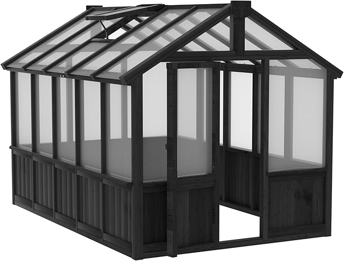 Yardenaler 6x10 FT Greenhouse Kit for Outdoor, Thickened Polycarbonate Panel Wooden Walk-in Green House with Lockable Door and Adjustable Roof Vent, Backyard Garden, Black