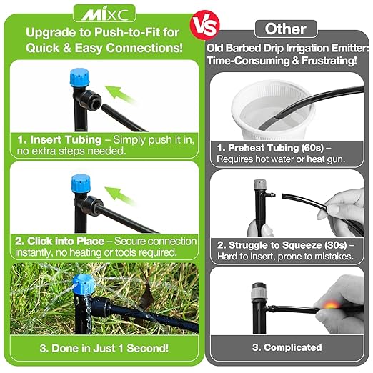 MIXC Quick Connector Drip Emitters for 1/4" Tubing, Adjustable Flow, 360° Fan-Shaped Sprayer (Drip Emitter Stream, 100 Packs)