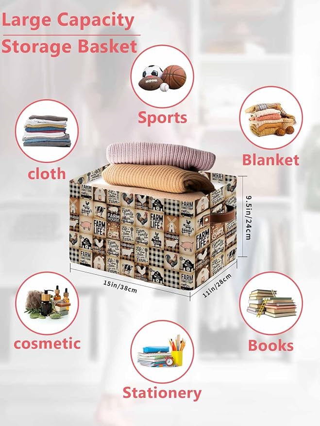 Farmhouse Checkered Storage Bins Cubes Waterproof Cloth Storage Basket, Rustic Retro Farm Life Assembling Foldable Storage Bags for Shelf Closet Clothes Organizers with Handles 15x11x9.5 in 1PCS