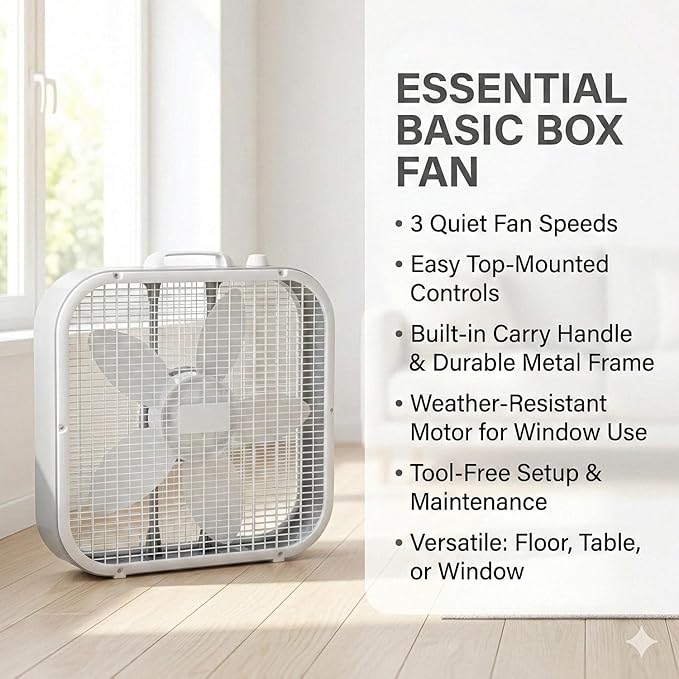 20-Inch Weather-Resistant Box Fan – 3-Speed High Velocity Air Circulator for Window, Greenhouse & Home – Energy Efficient Floor Fan with Carry Handle, White