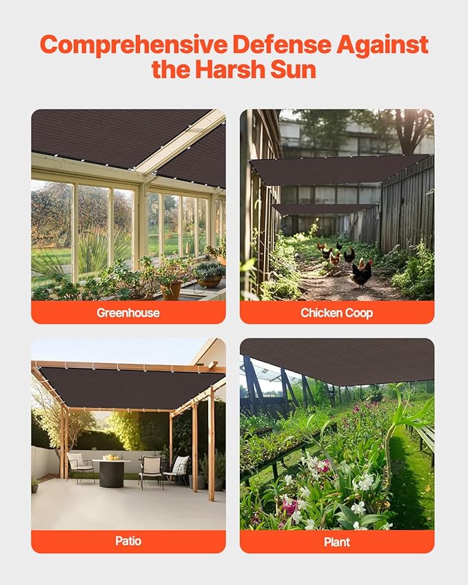 VEVOR 90% Sun Shade Cloth, 10 x 12 ft Pergola Shade Cover with Stainless Steel Grommets, Sun Shades Canopy Privacy Screen with 140 GSM HDPE Material, for Outdoor, Patio, Garden, and Backyard (Brown)