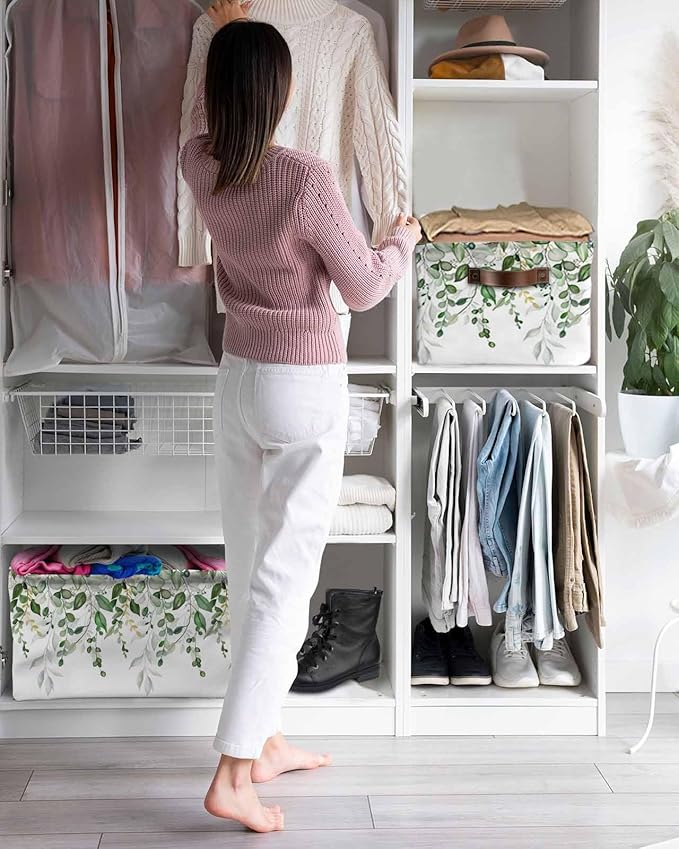 Sage Green Eucalyptus Storage Bins Cubes Waterproof Cloth Storage Basket,Watercolor Spring Weeping Botanical Foldable Storage Bags for Shelf Clothes Storages Organizers with Handles 15x11x9.5 in 1PCS
