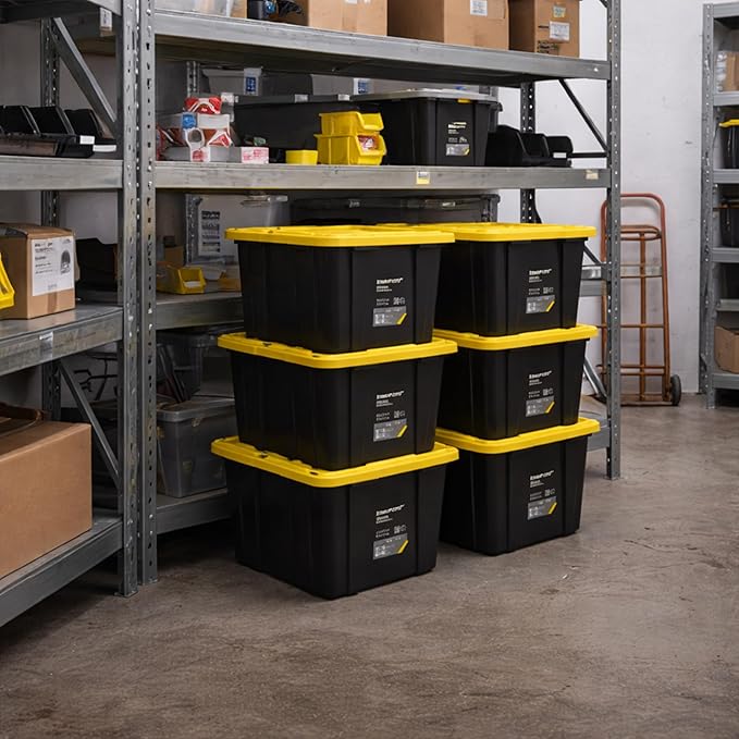 Ramtuff 6 Pack Heavy Duty Stackable Storage Container with Snap-Tight Lid, Resistant To Weather Organization Tote, 27 Gallon, Black and Yellow