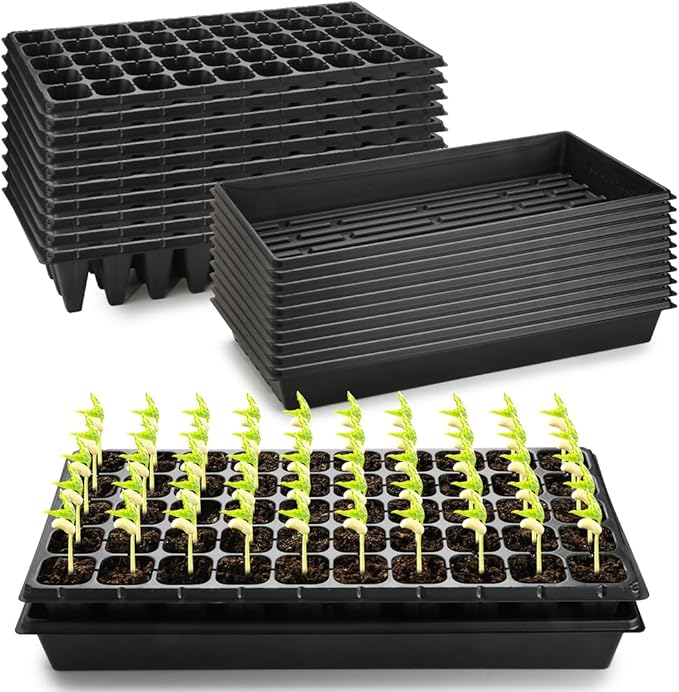 RooTrimmer 10 Pack 1020 Trays and 10 Pack 3.5" Deep 50 Cell Seed Starter Trays, 20" x 10" - Durable Plastic Nursery Flats for Microgreens, Seedling,Seed Germination & Plant Propagation (10 Set)