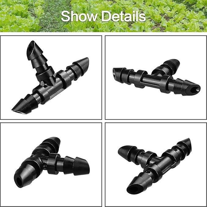 1/4" Drip Irrigation Tee Fittings, 60 Pieces Barbed Tee Connectors for 1/4 Inch Tubing, Drip Line 3-Way T Parts for Sprinkler Garden Lawn Irrigation System