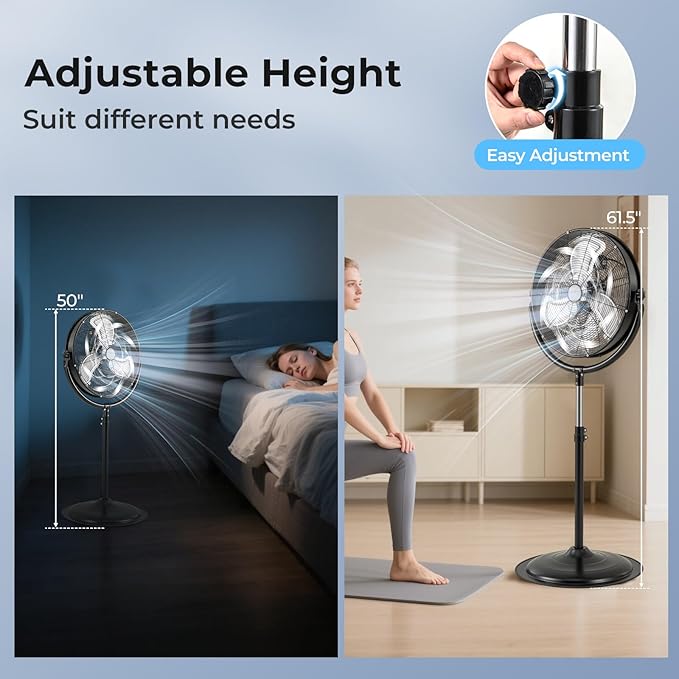 ARLIME 20" High Velocity Pedestal Fan, Industrial Oscillating Standing Fan w/3 Speeds, 360° Tilt & Adjustable Height, Heavy Duty Metal Floor Fan for Commercial, Garage, Workshop, Warehouse (20 Inch)