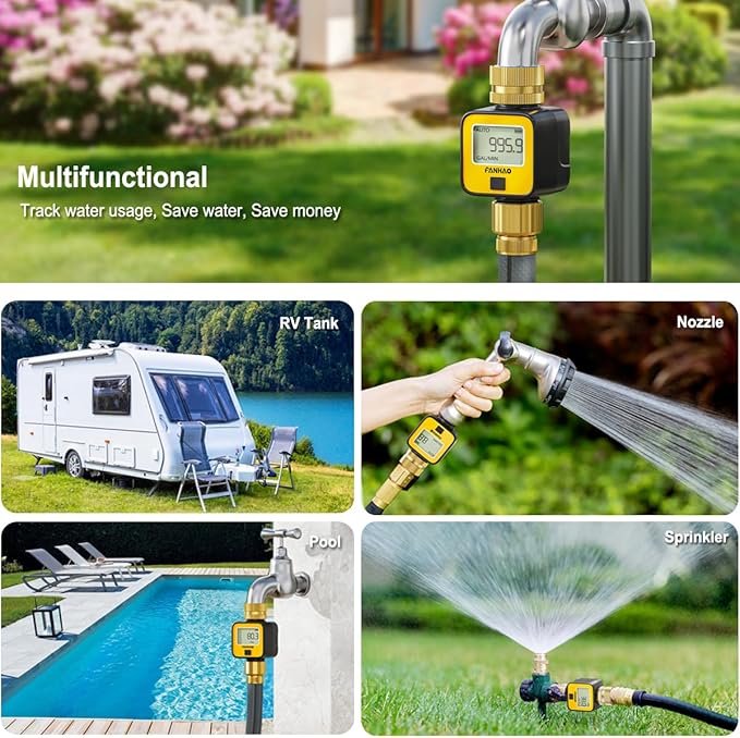 FANHAO Water Flow Meter with Brass Inlet Metal Thread, Measure Gallon/Liter Consumption and Flow Rate, High Accuracy & IPX6 Waterproof for Outdoor Garden Hose Watering, RV Water Tank Filling