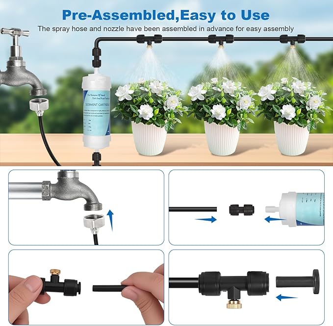 50ft/15M Misters for Outside Patio with Water Filter Misting Systems Pre-Assembled 15 Brass Mist Nozzles, Installation-Free Outdoor Misting Cooling System for Garden Waterpark Greenhouse