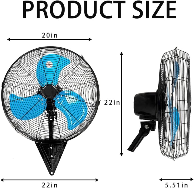 20" Wall Mount Fan, 7100CFM Heavy Duty Wall Fan with 3-Speed & Adjustable Tilt, High Velocity Industrial Oscillating Fans for Garage, Factory, Patio, Indoor, Porch, Shop & Commercial Use - ETL Listed