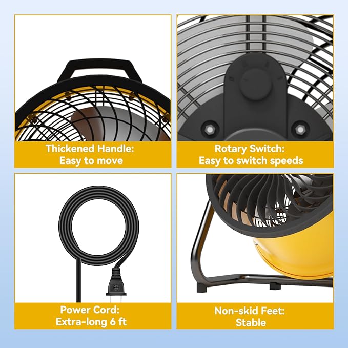 16 Inch High Velocity Floor Fan 3000 CFM Heavy Duty Metal Fan with 360° Tilt & Wall Mount Bracket - 3-Speed Portable Shop Fan for Garage, Patio, Workshop & Gym - UL Safety Listed