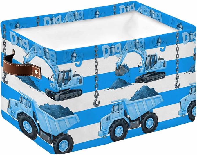 Blue Striped Truck Storage Bins Cubes Waterproof Cloth Storage Basket, Farmhouse Stripes Modern Art Foldable Storage Bags for Shelf Closet Clothes Organizers with Handles 15x11x9.5 in 1PCS