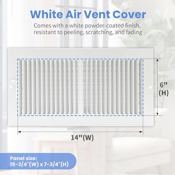14 x 6 Inch [Duct Opening] Air Vent Covers for Wall or Ceiling - High Airflow 2 Way Steel Ventilation - Adjustable Wall/Ceiling Register, 15-3/4 Inch x 7-3/4 Inch [Overall Dimensions]