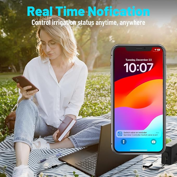 Water Timer for Garden Hose, 2.4GHz WiFi Smart Hose Sprinkler Timer with Tuya/Smart Life App, GreenVation Measure Gallon/Liter Consumption and Flow Rate, Water Flow Meter