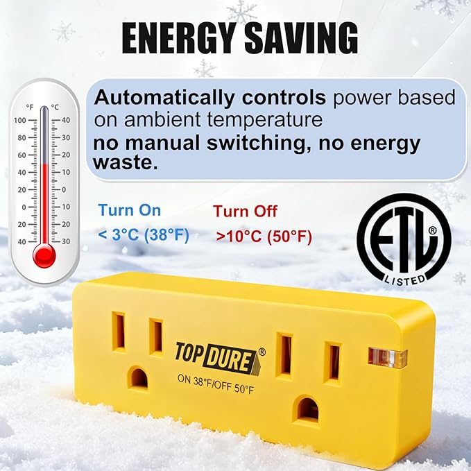 Thermostat Plug Outlet for Heat Cables, Temperature Controlled Outlet with Auto On at 38℉/Off at 50℉